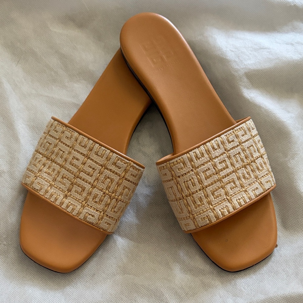 Givenchy Tan Leather Slide Sandals with Beige Woven Monogram Strap